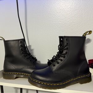 Dr. Martens Black Leather Boots with Yellow Stitching